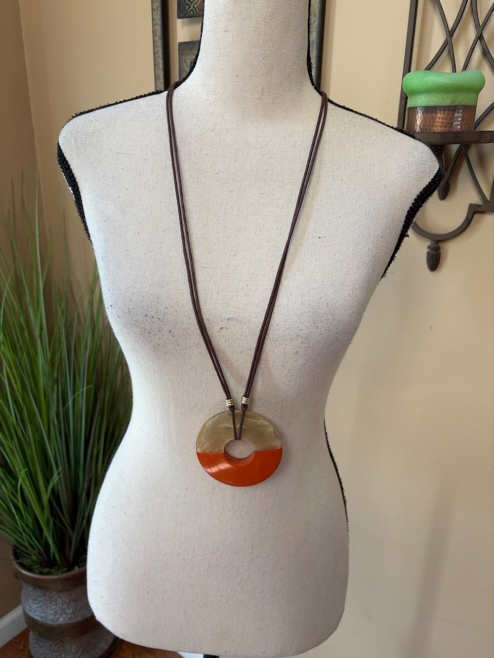 Chico's Orange & Tan Statement Necklace On Brown Cord